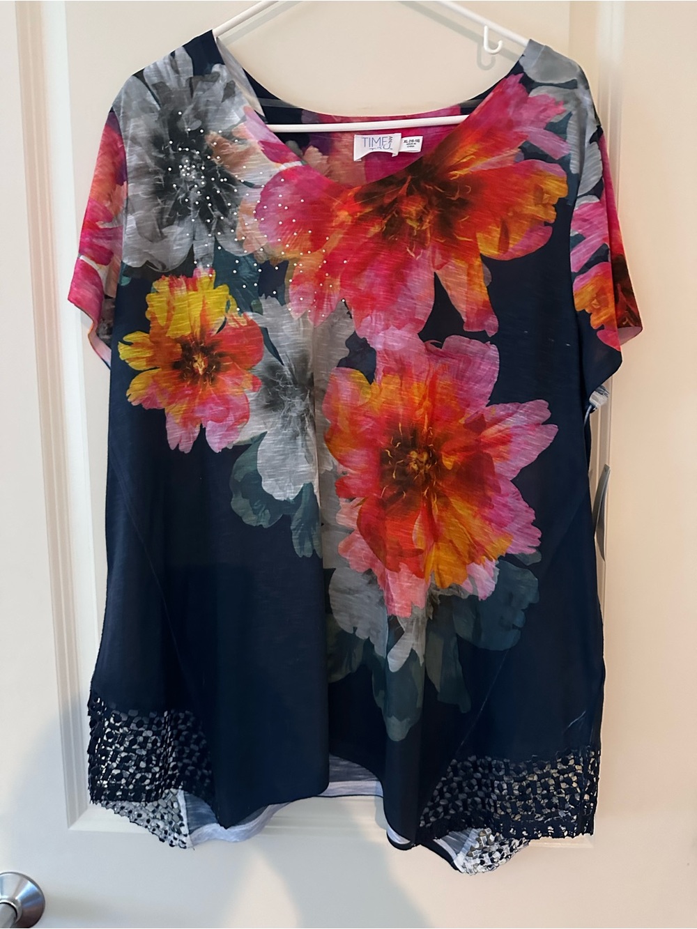 Navy Floral V-Neck Tunic with Lace Trim